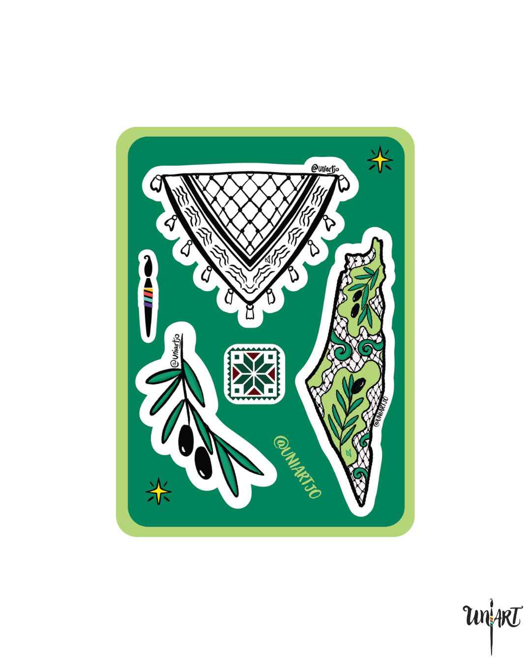 Set of 3 to 6 hand-drawn Palestinian stickers by Hala Jafar, featuring iconic Palestinian symbols, landmarks, and culture. Perfect Palestinian souvenir.
مجموعة من ٣ إلى ٦ ستيكرات مرسومة يدوياً من حلا جعفر، تحتوي على رموز ومعالم فلسطينية شهيرة. هدية تذكارية فلسطينية مميزة."