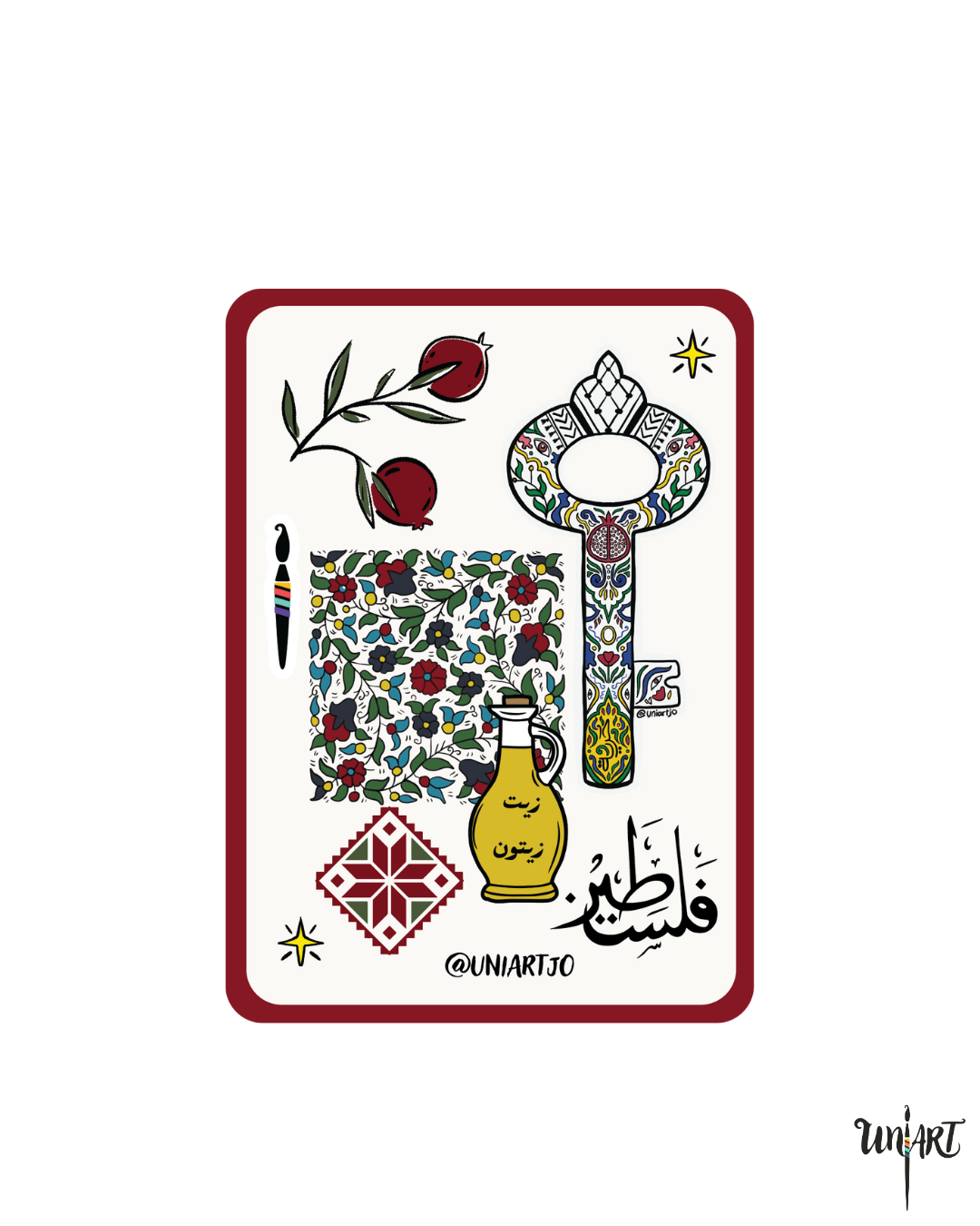 Set of 3 to 6 hand-drawn Palestinian stickers by Hala Jafar, featuring iconic Palestinian symbols, landmarks, and culture. Perfect Palestinian souvenir.
مجموعة من ٣ إلى ٦ ستيكرات مرسومة يدوياً من حلا جعفر، تحتوي على رموز ومعالم فلسطينية شهيرة. هدية تذكارية فلسطينية مميزة."
