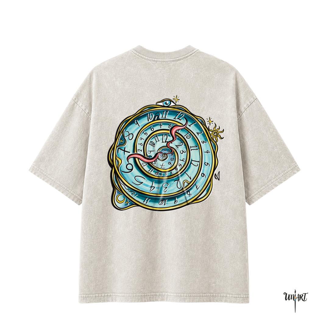 Back view of the Time Spiral oversized graphic t-shirt in off-white, featuring a large original hand-drawn spiral clock illustration symbolizing time, destiny, and personal journeys. Made from 100% premium cotton and designed by Uniart.