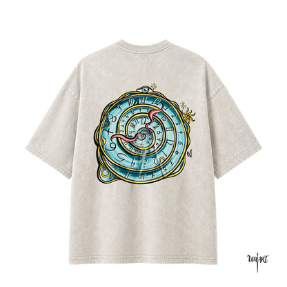 Back view of the Time Spiral oversized graphic t-shirt in off-white, featuring a large original hand-drawn spiral clock illustration symbolizing time, destiny, and personal journeys. Made from 100% premium cotton and designed by Uniart.